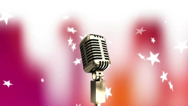 Animation of microphone over star icons falling against pink gradient background with copy space