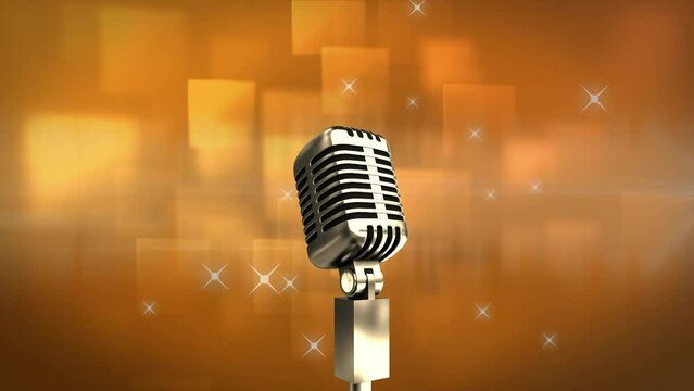 Animation of microphone over shining stars and square shapes against orange background