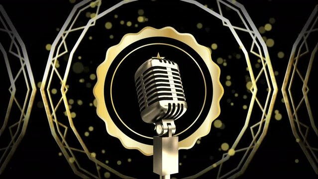 Animation of microphone over golden spots and abtract shapes in seamless pattern on black background