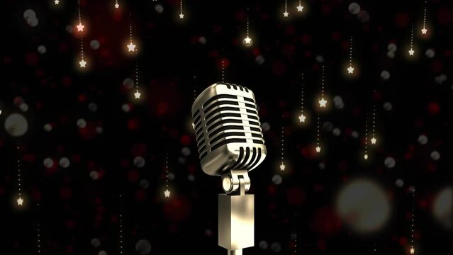 Animation of microphone over shining stars, spots of light against black background with copy space