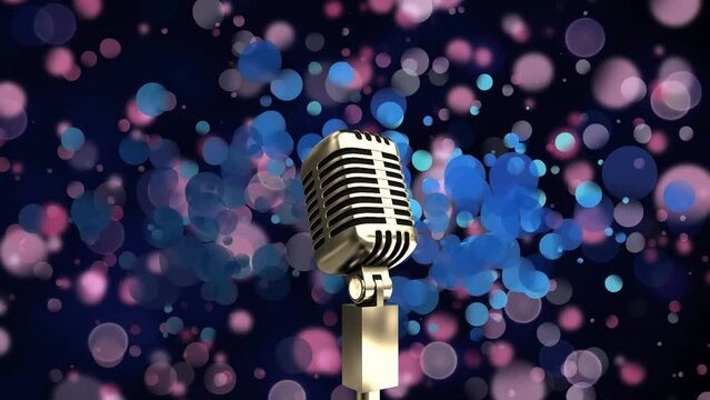 Animation of microphone over purple and blue spots of light against black background with copy space