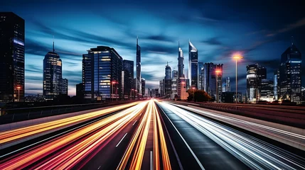 Foto op Aluminium Abstract speeding or fast Motion blur of a highway overpass road, Long exposure to a speedy night drive in a big city skyline at night. © ImaginaryInspiration