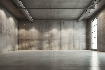 Spacious empty hall with a light concrete floor, white decorated wall, and grey ceiling with airy holes. Generative AI