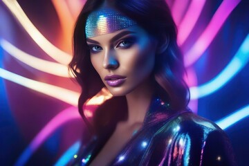 Naklejka na ściany i meble Charming fashion art portrait of mysterious female model, in bright radiating combinations of neon shades and glow lighting effects. Generative AI