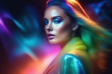 Naklejka na ściany i meble Charming fashion art portrait of mysterious female model, in bright radiating combinations of neon shades and glow lighting effects. Generative AI