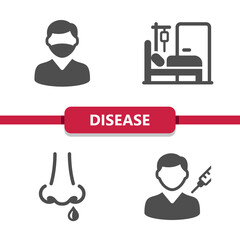 Disease Icons. Covid-19, coronavirus, flu, face mask, hospital, vaccine vector icon