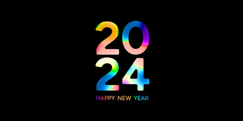 Minimalist poster with colorful modern 2024 typography Happy New Year poster banner, cover design on black background Abstract modern backdrop