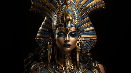 Ancient Egyptian woman with golden mask on black background.