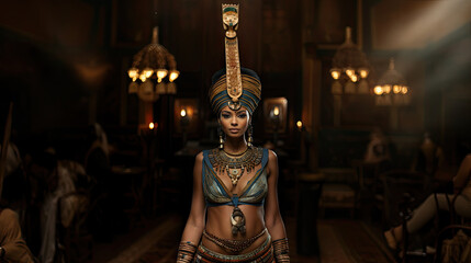 Beautiful Egyptian woman with headdress in a dark vintage interior.