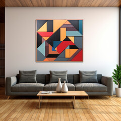 woodwork design for a wall art piece that combines geometric shapes and vibrant colors, perfect for a contemporary living room