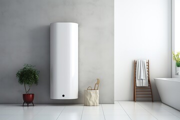 White modern gas or electric water and space heater mounted on the wall - obrazy, fototapety, plakaty