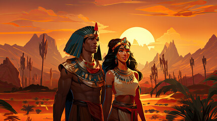 Ancient Egyptian couple in the desert at sunset - digital illustration. - obrazy, fototapety, plakaty