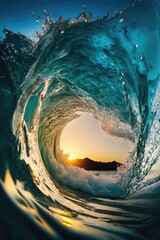 Beautiful view of crashing ocean wave at sunset. Concept of extreme sport
