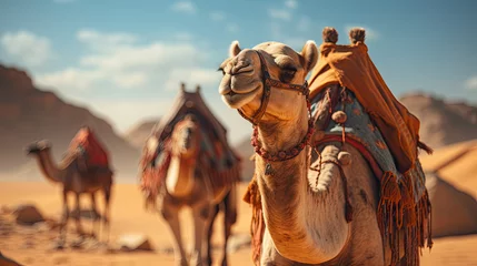 Papier Peint photo Lavable Maroc Camels in the Sahara desert, Morocco, Africa. Selective focus.