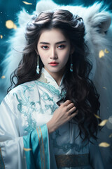 Portrait of a beautiful Chinese woman in traditional Hanfu clothing style and white lion. Attractive young Asian woman with long curly hair. Lady with ancient Chinese art fashion style.