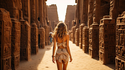 Back of sexy young woman in the ancient temple of Kom Ombo in Egypt. - obrazy, fototapety, plakaty