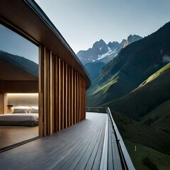 minimalist wood house in the mountains generative AI