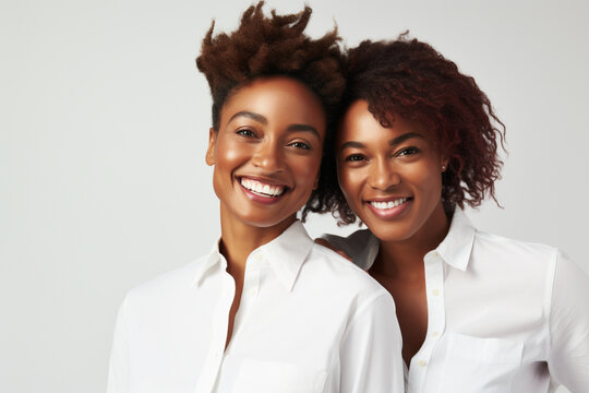 African American lesbian couple in casual clothes, young afro girl, Same-sex partnership