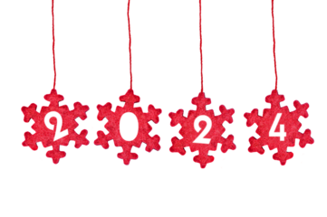 2024 cut in red fabric christmas ornaments hanging and isolated on transparent background, png