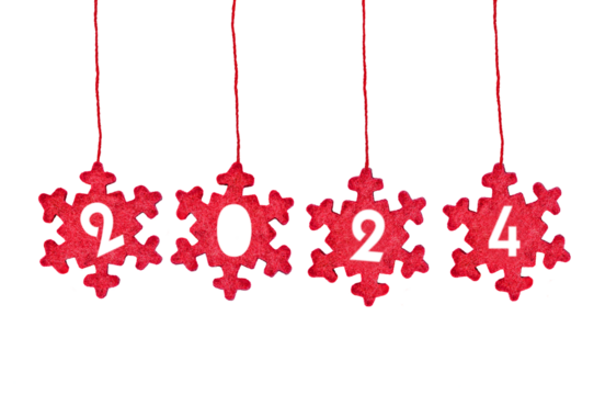 2024 cut in red fabric christmas ornaments hanging and isolated on transparent background, png