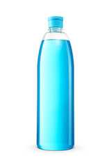 Transparent plastic bottle with blue shower gel or shampoo isolated. Transparent PNG image.