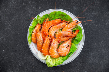 prawn seafood shrimp crustacean langoustine appetizer meal food snack on the table copy space food background rustic top view