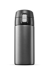 Gray thermal mug or vacuum flask isolated. Transparent PNG image.