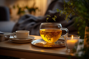 Hot mug tea. A glass of tea with decorative dishes.