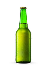 Beer in a green bottle isolated. Transparent PNG image.