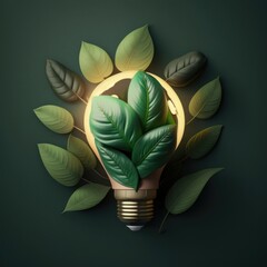 Idea light bulb with green leaves on dark background