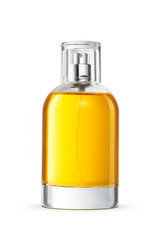 Transparent bottle of yellow perfume with clear lid isolated. Transparent PNG image.