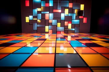 A modern neon pattern with abstract blocks and a distinctive floor perspective. Generative AI