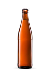 Beer in brown amber bottle isolated. Transparent PNG image.