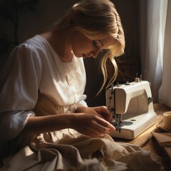 The girl works on a sewing machine