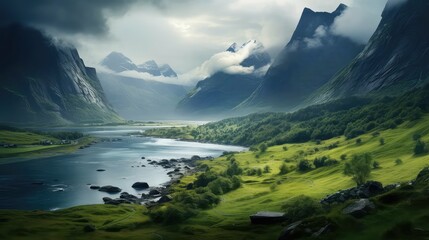 mountain norwegian fjords dramatic illustration water scandinavia, coast fjord, nordic north mountain norwegian fjords dramatic - obrazy, fototapety, plakaty