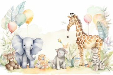 Fototapeta premium Watercolor pastel African baby animals summer celebration with nursery décor. Generative AI