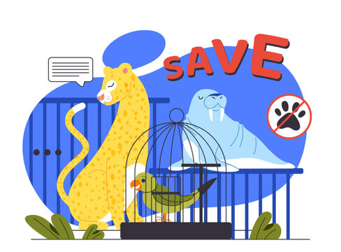 Animal Protection Banner. Caring For Nature And Environment. Sad Cougar And Walrus, Parrot Near Cages. Stop Violence And Cruelty Against Animals. Poster For Website. Cartoon Flat Vector Illustration