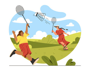 Women play badminton concept. Active lifestyle and sport. Friends having fun together outdoor. Young girls with rackets at lawn. Athletes playing. Cartoon flat vector illustration