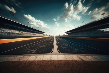 Empty race track with blue sky and white clouds - obrazy, fototapety, plakaty