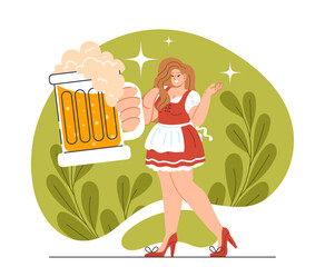 Woman with beer day concept. Young girl with glass with alcoholic drink with foam and bubbles. Character with beverage. Traditional german holiday Oktoberfest. Cartoon flat vector illustration