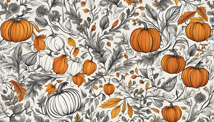 seamless pattern with autumn harvest, seamless pattern with vegetables, seamless pattern with pumpkins