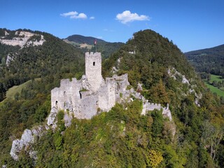 Fototapeta na wymiar Ruins of the medieval castle Neu-Falkenstein, canton of Solothurn, Switzerland, aerial view