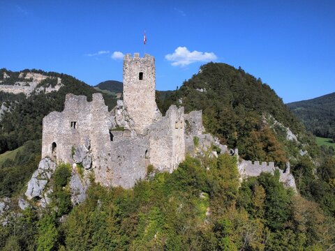 Ruins of the medieval castle Neu-Falkenstein, canton of Solothurn, Switzerland, aerial view