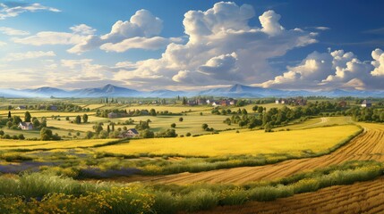 Fototapeta premium farm european farmland agricultural illustration field nature, rural green, cultivated countryside farm european farmland agricultural