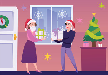 Happy people giving each other Christmas gifts, cartoon flat vector illustration.
