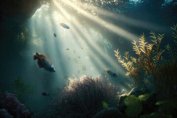 Underwater view of coral reef with fishes and corals under sunlight