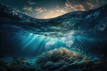 Underwater view of coral reef with fish and ocean wave at sunset rays