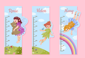 Set of height meters concept. Instrument for measuring of heights for boys and girls. Centimeter with fairies. Fantasy and dream. Cartoon flat vector collection isolated on pink background