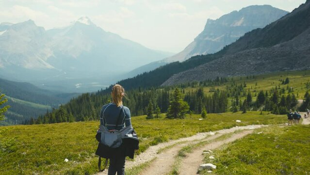 A women are hiking, with the outstanding landscape of Banff National Park in the background, in Canada. 
Overlooking a forest on a clear blue day
