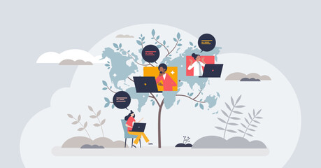 Conference call using online group talking software tiny person concept. Virtual seminar, learning or webinar for global or international business team vector illustration. Distant communication.